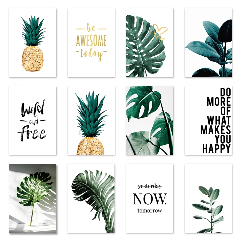 Nordic Golden Pineapple Posters and Prints Green Leaves Canvas Painting Letter Quotes Wall Art  Plants Pictures for Living Room