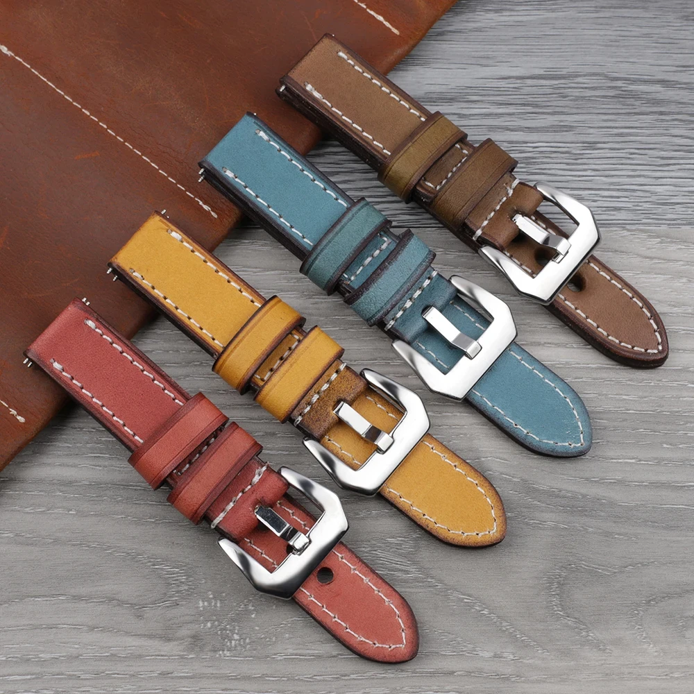 Brown Blue Yellow Watchband 20mm 22mm 24mm Genuine Leather Watch Strap Brush Buckle Watch Band for Panerai Watch Accessories