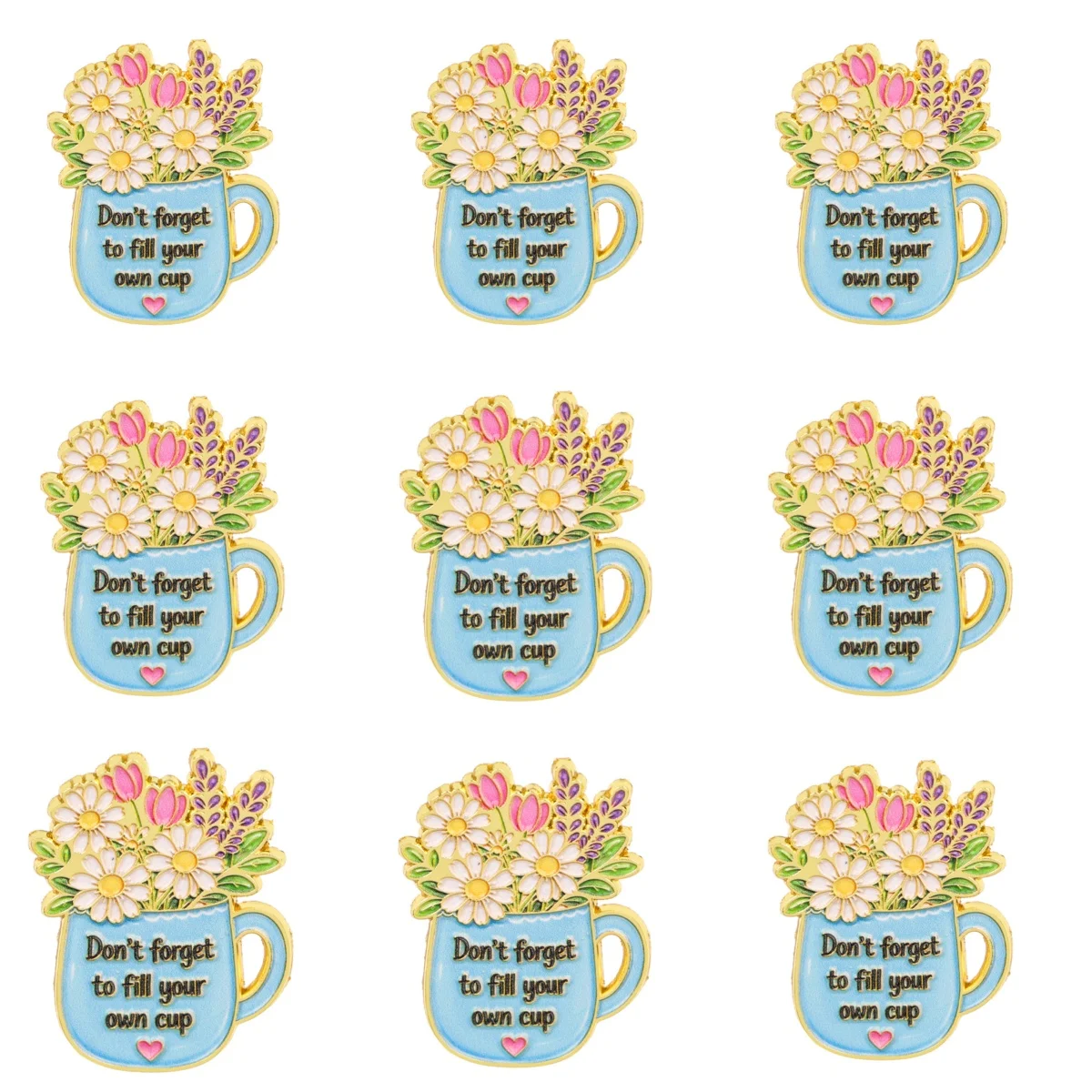 9 Stück Blumen-Tassen-Emaille-Anstecknadeln „Vergiss nicht, deine eigene Tasse zu füllen“ Zitate Reversnadel Blumen-Tassen-Abzeichen Rucksack Kleidung Dekoration Geschenk – Detail 2