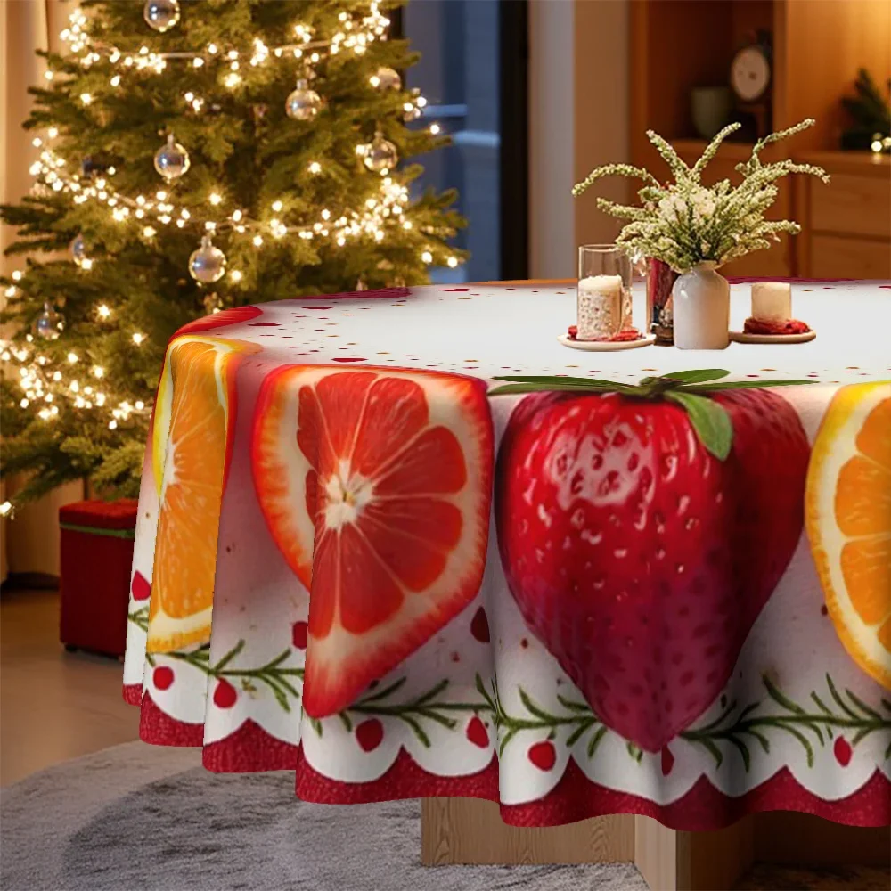 A round tablecloth with a festive fruit theme creates a cheerful atmosphere. This tablecloth is perfect for Christmas.xzj