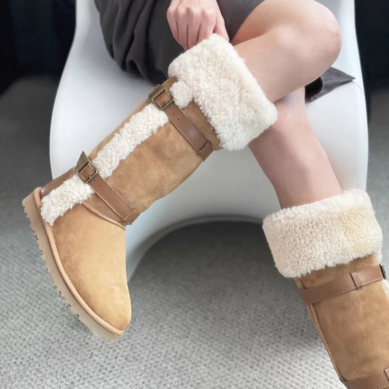 موضة شتاء جديد دافئ البقرة المدبوغ الفراء الثلوج الأحذية النسائية البني شقة لينة حذاء برقبة للركبة الفاخرة مصمم جولة تو أحذية مريحة #6