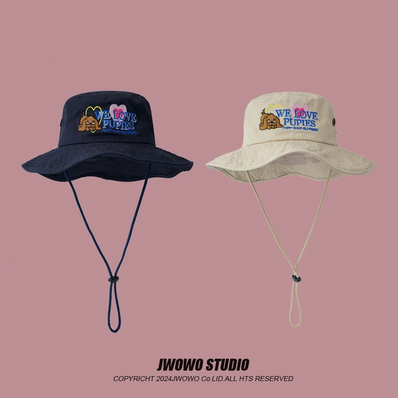 

Корейская рыбацкая шляпа с вышивкой щенка из мультфильма, уличная туристическая шляпа от солнца, мытая шляпа для бассейна, ковбойская шляпа в стиле вестерн унисекс