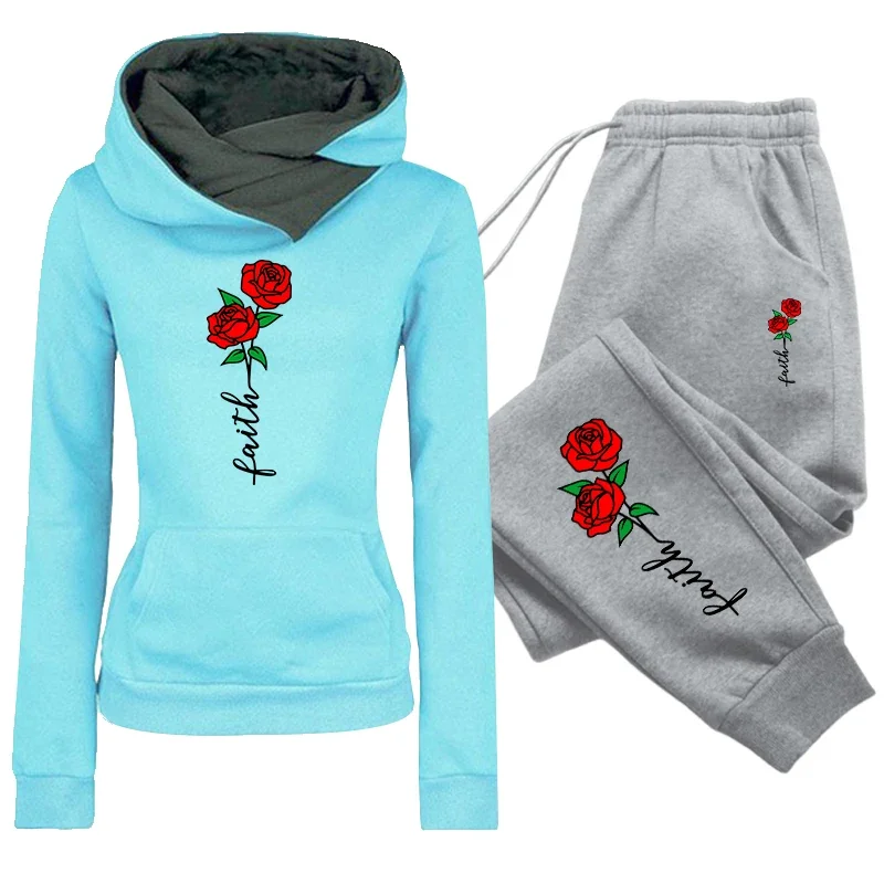 Fall Winter Female Daily Casual Sports Outfit Women's Set/Hoodie/Pants Faith Flower Print Tracksuit Hooded Sweatshirt Sweatpants