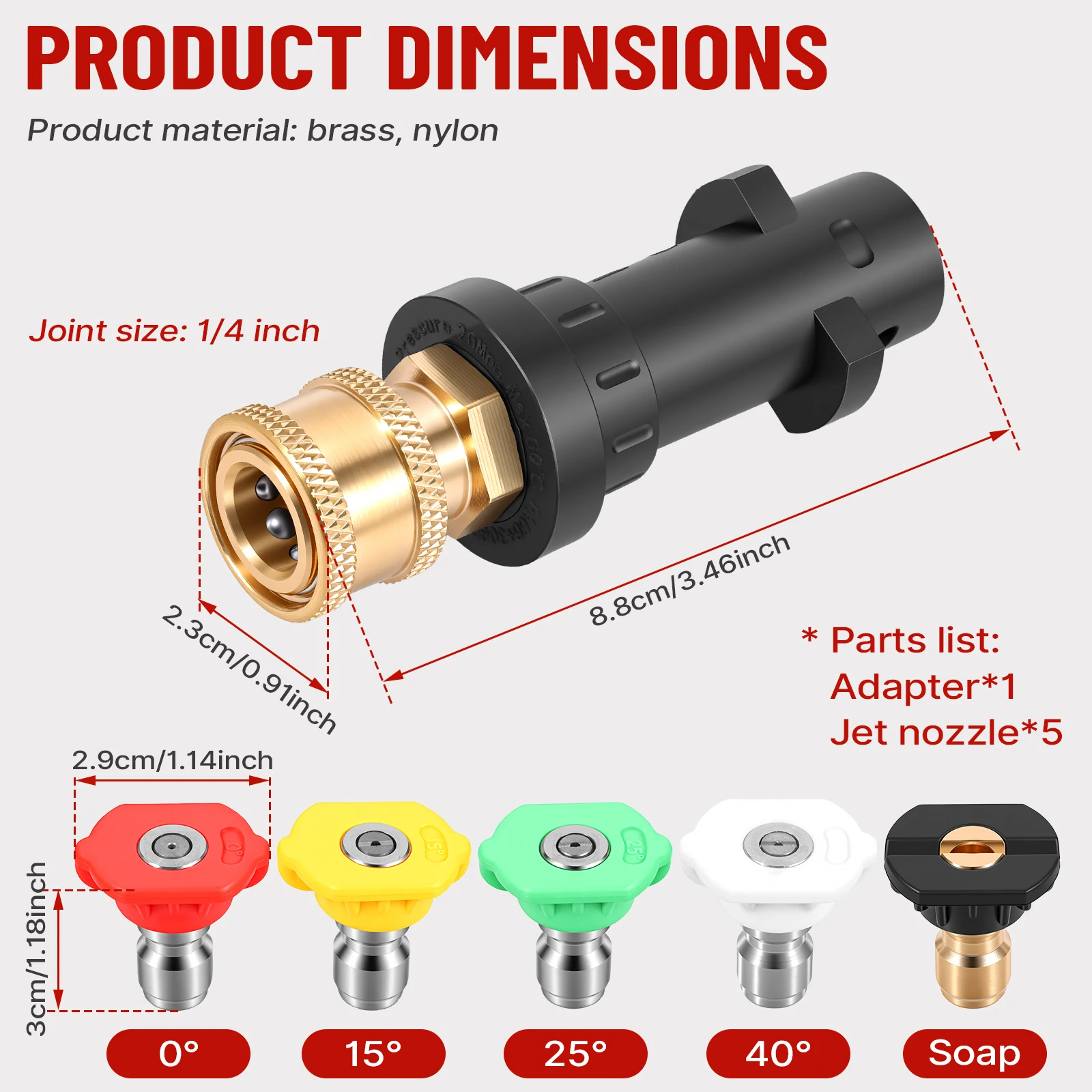 Pressure Washer Adapter For K2-K7 Series Brass 1/4 Inch Quick Release Coupler With 5 Color Spray Nozzle Tips For Car Wash Clean