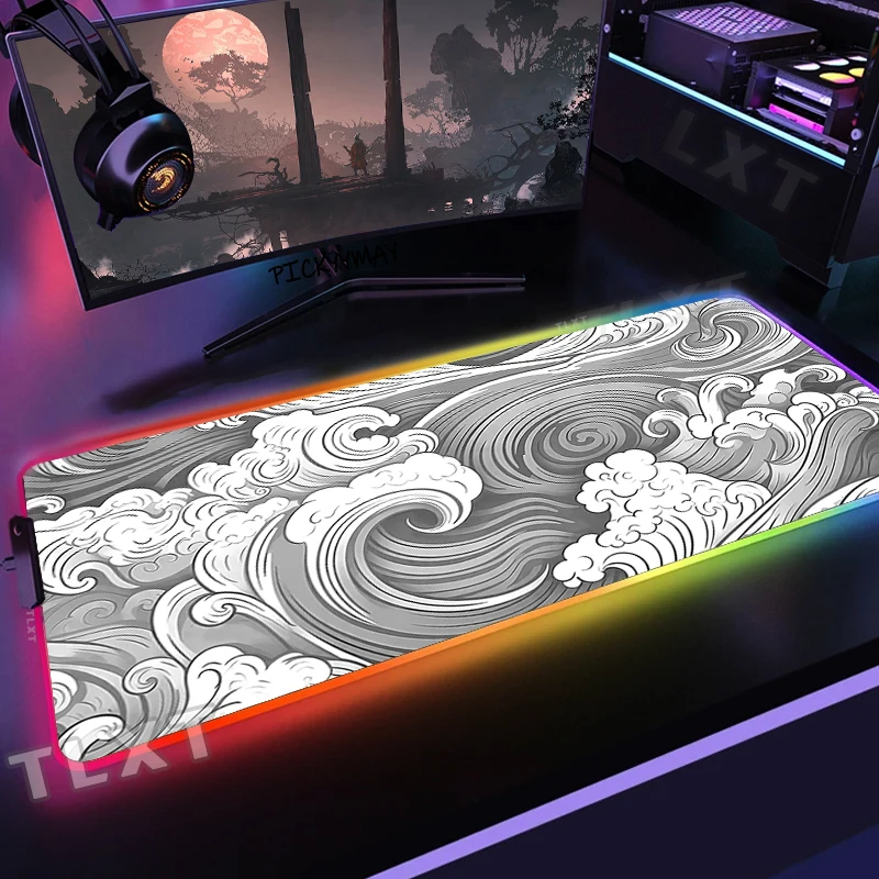 Large RGB Mouse Pad XXL Gaming Mousepad LED Mouse Mat Clouds Waves Deskpad Gamer Mousepads Table Pads Keyboard Mats With Backlit