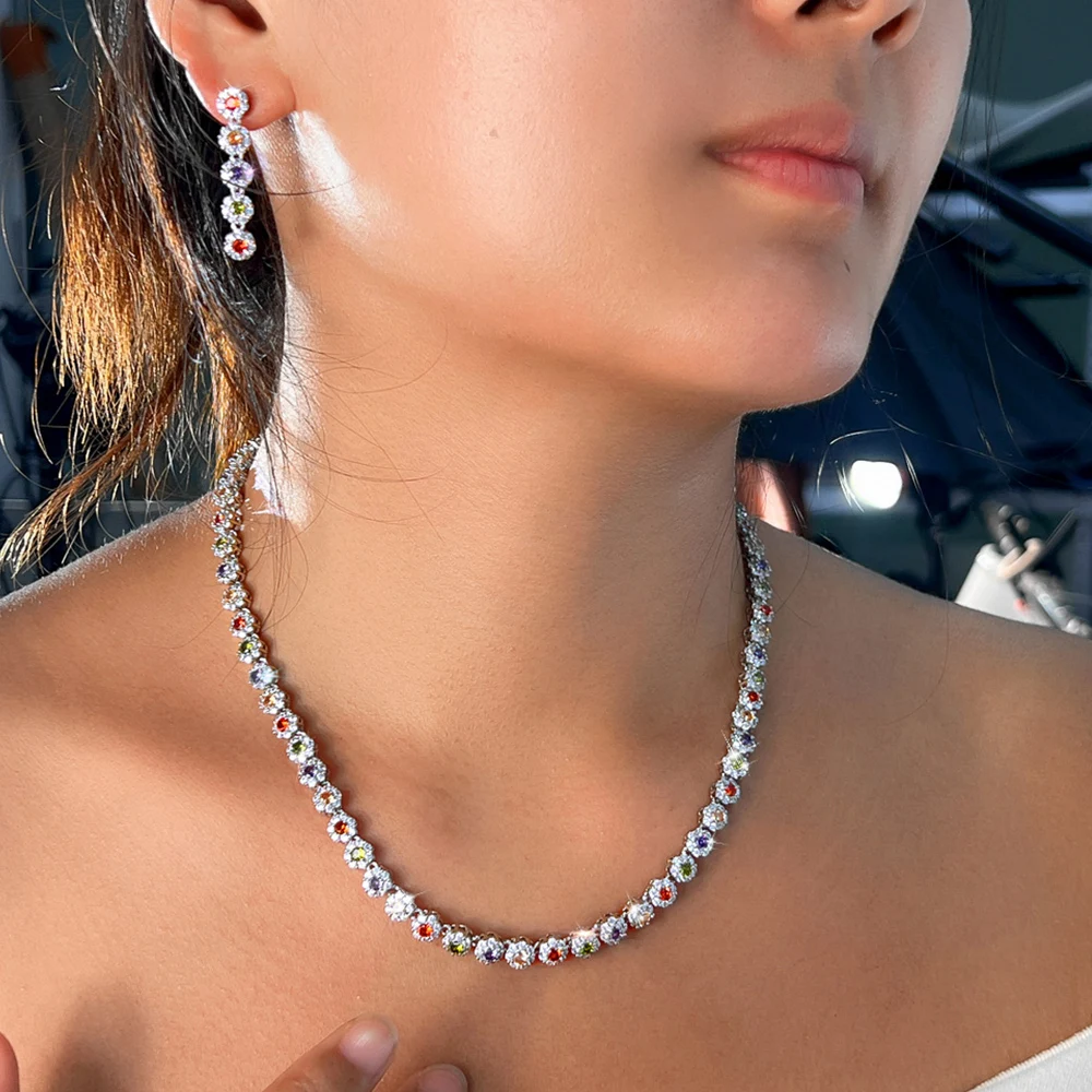 CWWZircons Multi Color Cubic Zirconia Women Wedding Choker Necklace And Earrings Sets Elegant Women Party Costume jewelry T0534