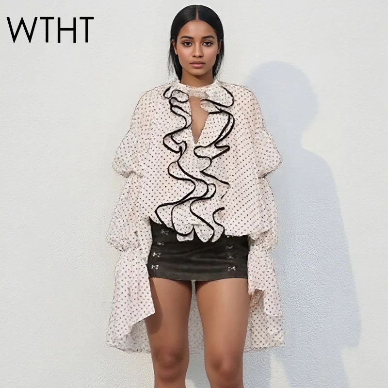 

WTHT Fashion Women's Striped Dot Ruffle Edge Loose T-shirts Trendy 2025 Summer Casual Long Sleeves V-neck Tops Female 1LS2138