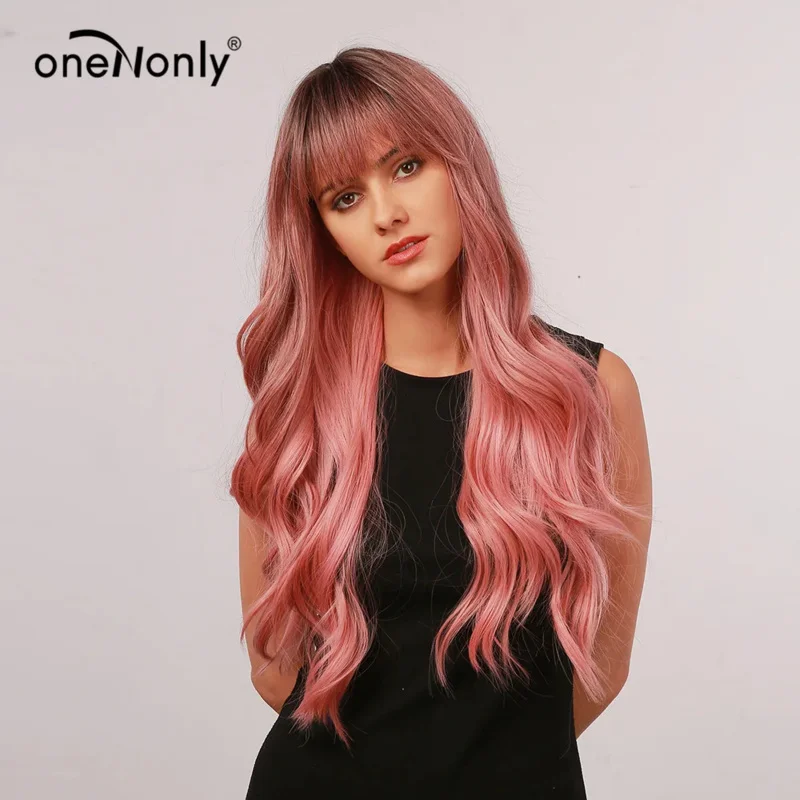 oneNonly Long Body Wave Ombre Pink Synthetic Wigs with Neat Bangs Dark Roots for Women Cosplay Natural Hair Heat Resistant