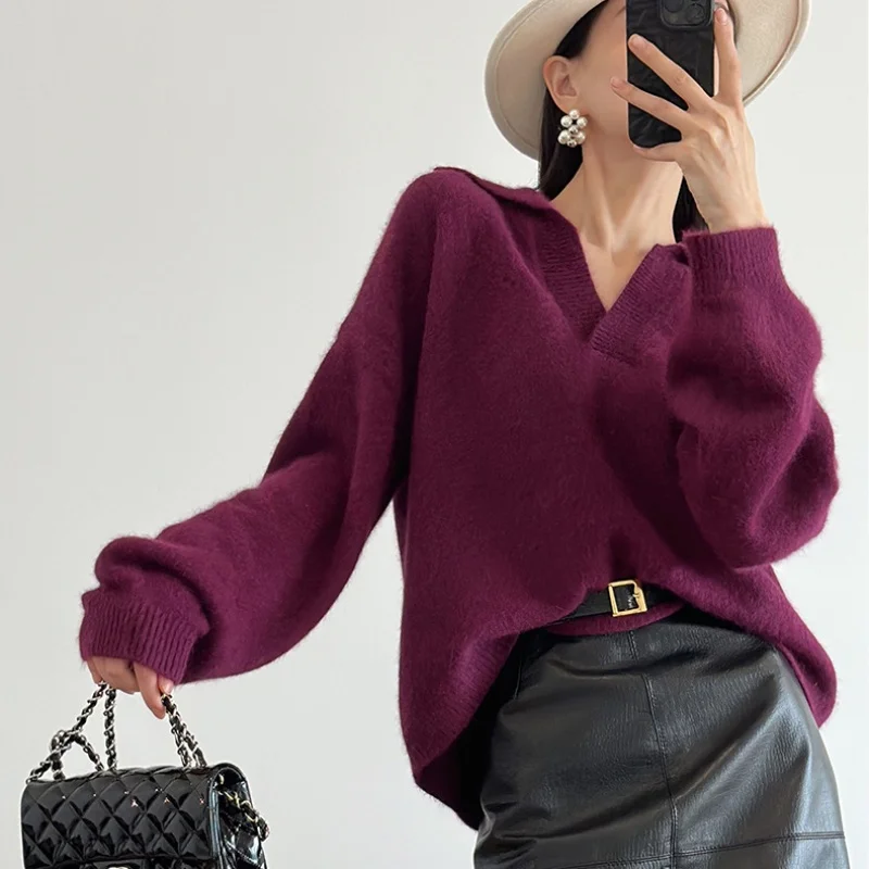 Birdtree,30.2% Sheep Wool Knitted Polo Neck Sweater,Woman Lapel Full Sleeve Solid Knitwear,2025 Autumn Loose Pullover T59926JF
