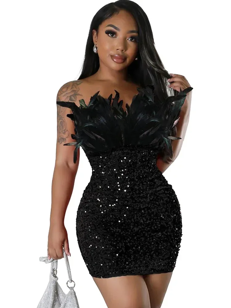 

Sexy Off Shoulder Feather Sequin Party Short Prom Dress Sleeveless Strapless Night Club Evening Gowns For Women Corset Dresses