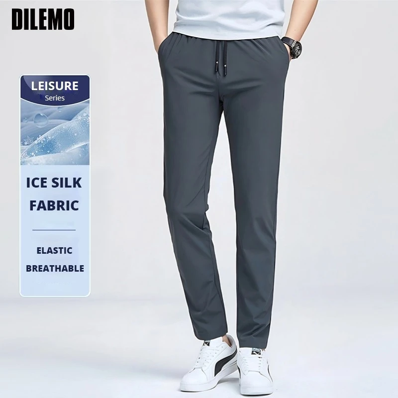 

Top Grade Ice Silk Comfortable Breathable New Brand Casual Fashion Elastic Long Pants Regular Fit Trousers Men's Clothing