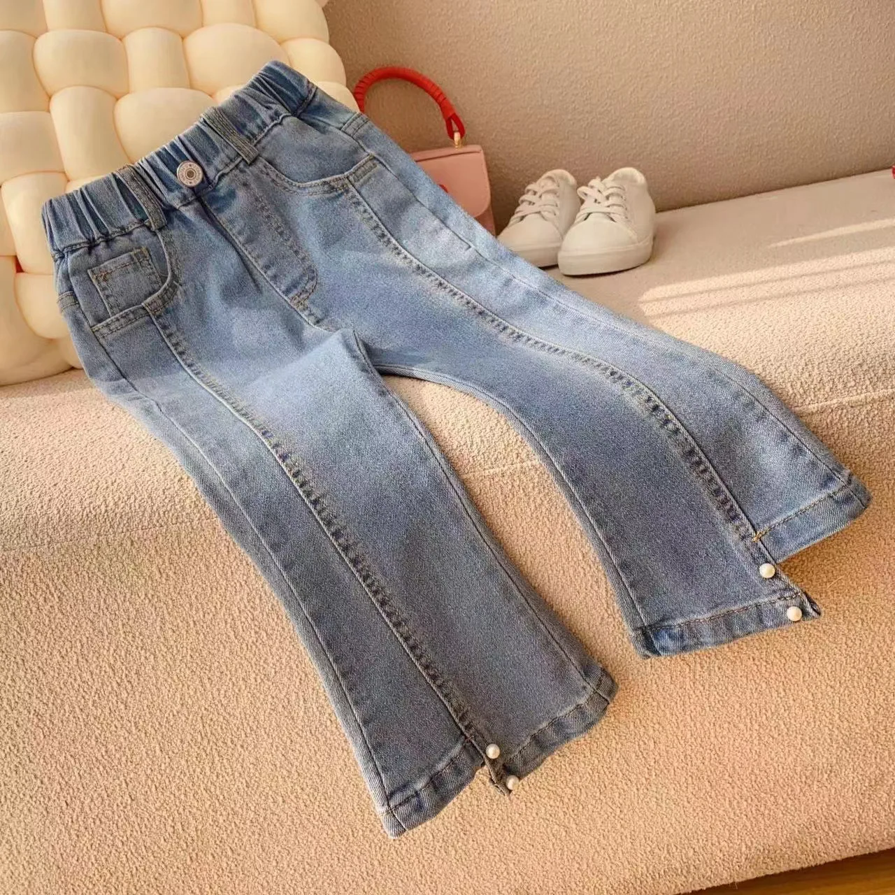 Girls Cute Princess Jeans Spring Children Baby Kids Denim Sweet Pearl Flare Pants Children's Cloths