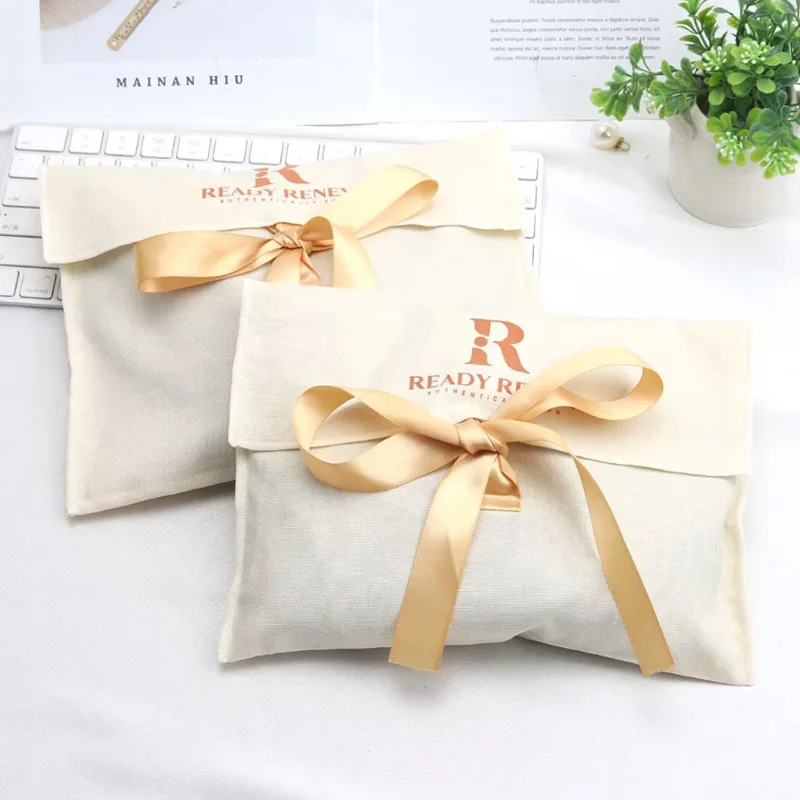 

Luxury Envelope Dust Sack Custom Logo Printed Natural Cotton Pouch Clothing Handbag Packaging Bag With Flap