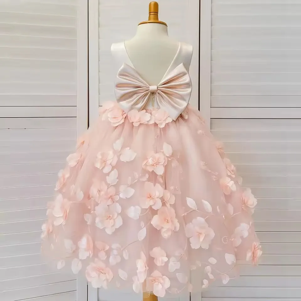 Customized Blush Pink Flower Girl Dress For Wedding 3D Appliques Tulle Gorgeous Kids Birthday Party First Communion Ball Gown