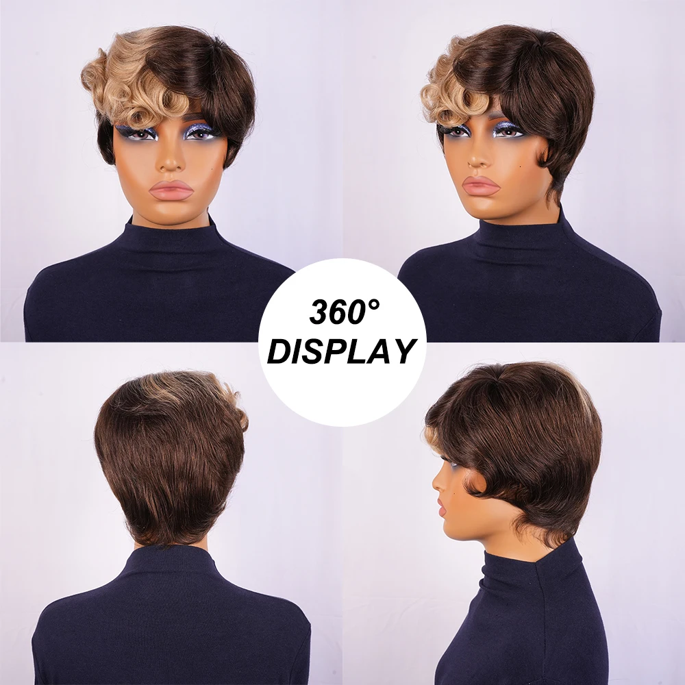 براون شقراء شعر بشري قصير الباروكات مجعد عابث قطع شعر مستعار مع الانفجارات قبل قطعها للنساء البرازيلي شعر ريمي آلة صنع قبعة