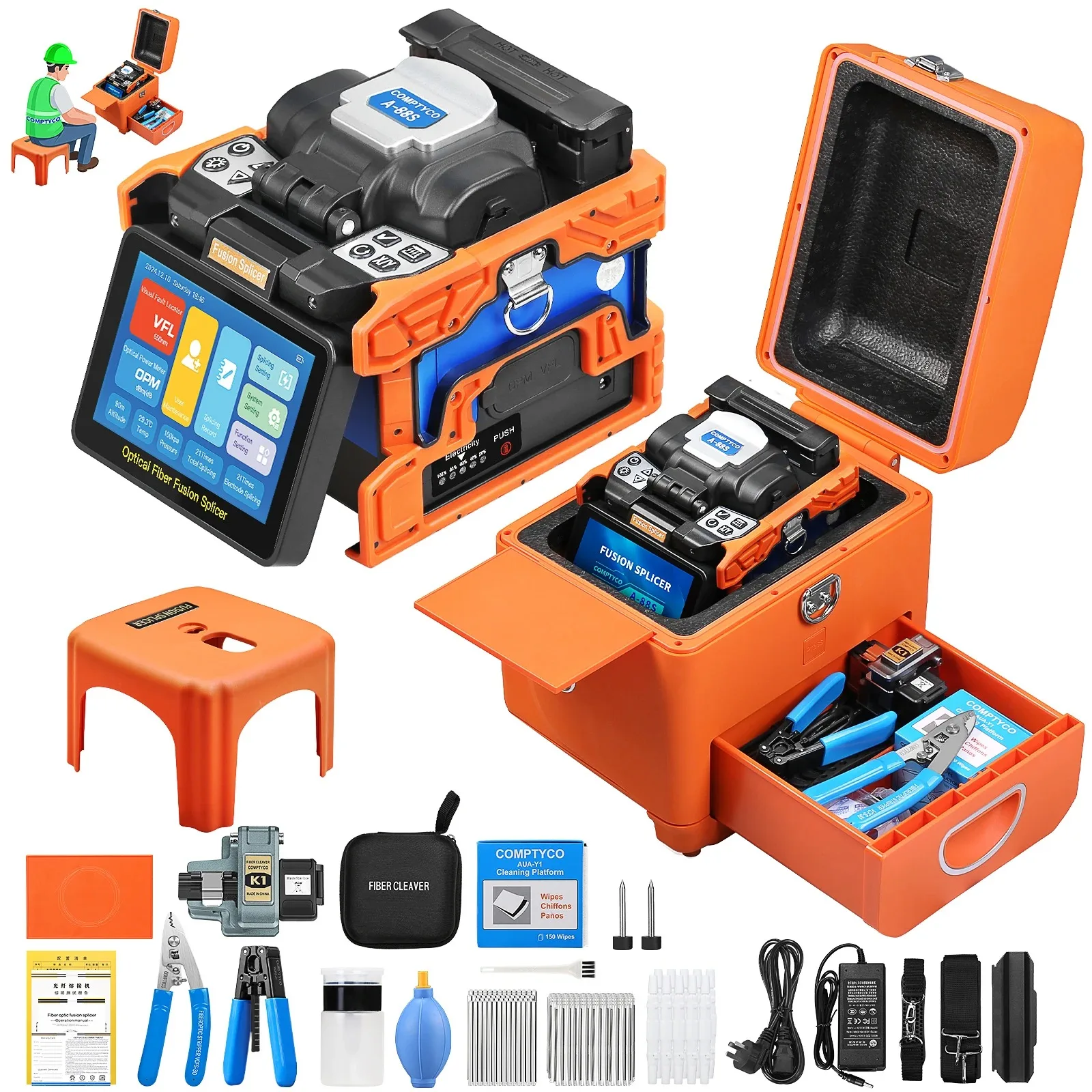 A-88S Automatische 6-motoren glasvezel fusion splicer machine, 10 talen, met touchscreen, OPM, VFL en gereedschapssets