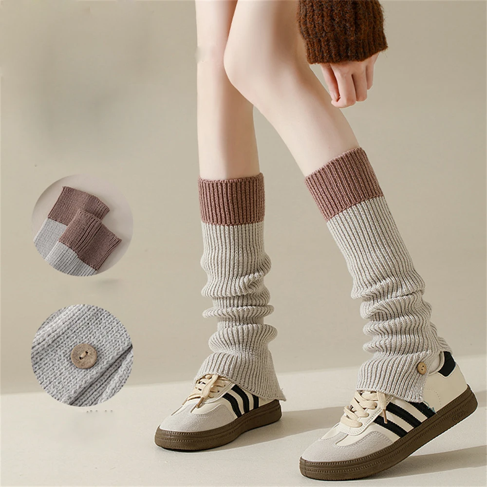Y2K Hot Girls JK Calf Pile Socks Women Autumn Winter Knitted Long-tube Contrasting Color Button Slimming Leg Warmers Foot Covers