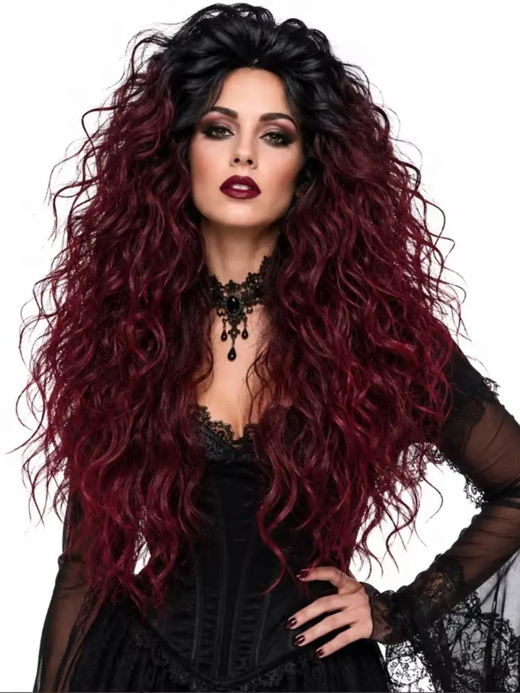 Synthetisches Haar Gothic Vampire Queen Lange Lockige Schwarze Burgunderrote Cosplay Halloween Perücke mit Rosennetz