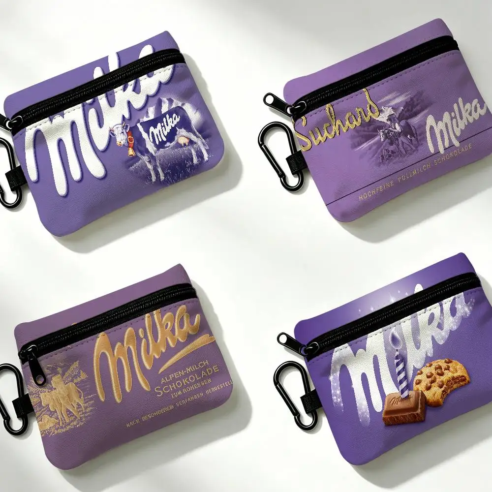 Classic Chocolate LOGO M-Milka Oxford Coin Wallet Detachable Carabiner Hook Compact Storage Bag For Outdoor Shopping Accessory