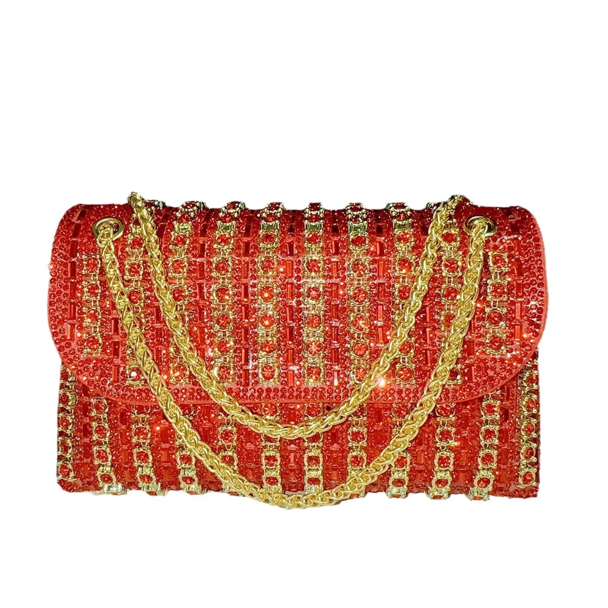 Bright Red Vertical Dense Rhinestone Gold Chain Flap Clutch Luxury Festive Evening Bag Middle Aged Women Wedding Banquet Heavy