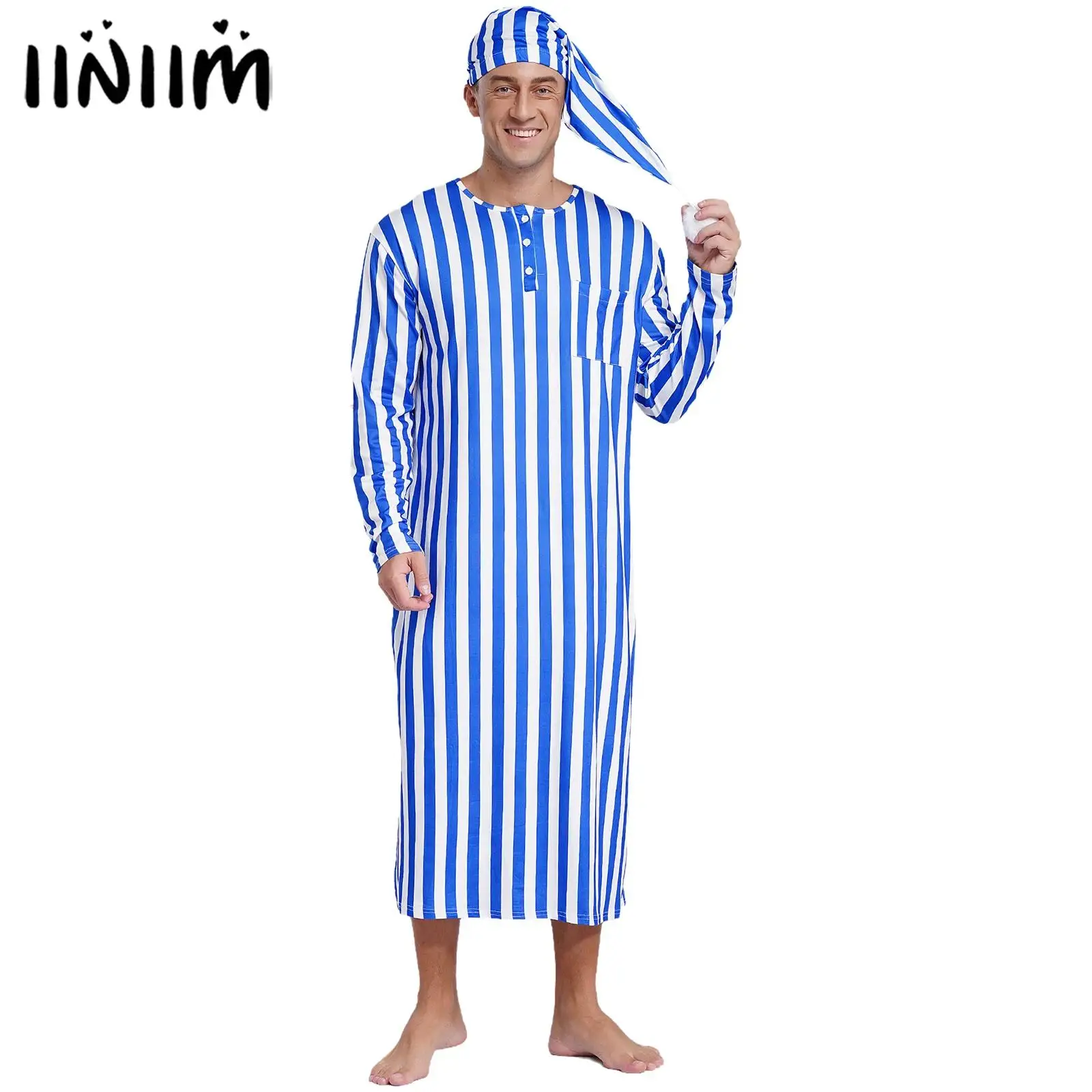 Mens Arabian Muslim Pajamas Long Sleeve Long Robe And Pompom Adjustable Sleep Hat Robe with Hat Cosplay Outfits Sissy Nightwear