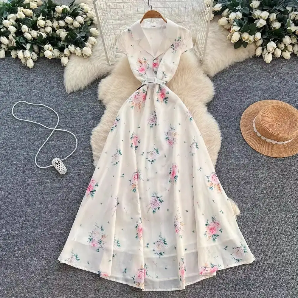Summer Bohemian Long Dress for Women Floral Print Short Sleeve Single Breasted with Belt Holiday Robe Vestidos