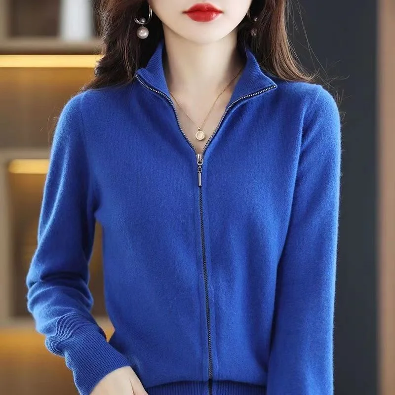 2024 Spring and Autumn Women's New Woolen Sweater Zipper High Neck Sweater Coat Fashion Short Solid Color Cardigan Top Trendy