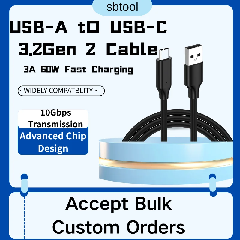 USB 3.2 Cable A to C PD 60W Fast Charging & 10Gbps Data Sync Cord for Mobile Hard Drive, Phone, Laptop