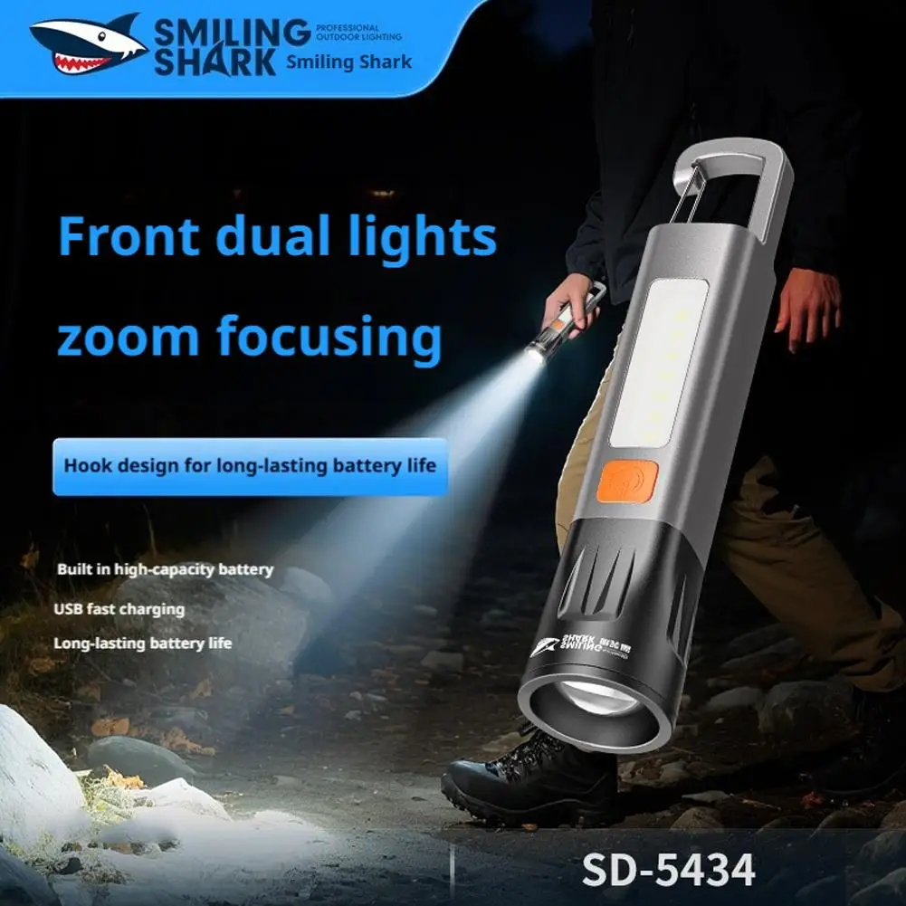 Strong Lighting ABS Flashlamp USB Charging Portable Outdoor Small Flashlight Camping Hanging Lamp Telescopic Focus COB Side Lamp