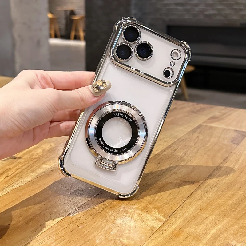 Luxury Plating Border Four Corner Anti Drop Bracket Ring  Phone Case For iPhone 17 Pro Max Air HD Transparent Bumper Back Cover