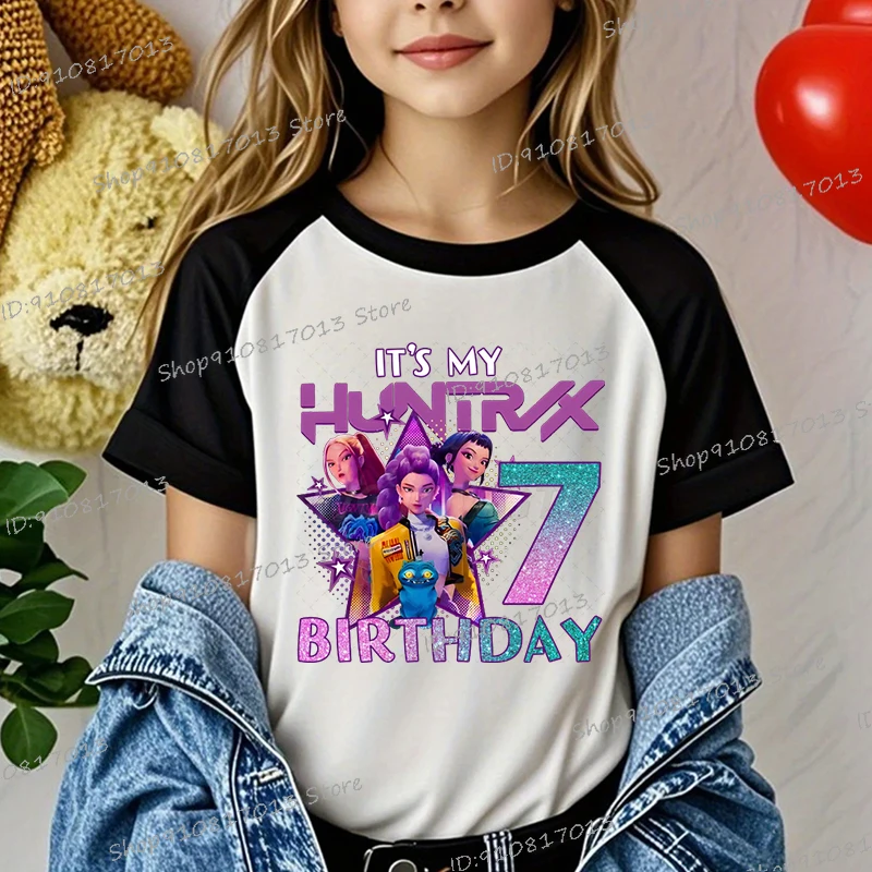 

Kpop Demon Hunters Birthday Gifts Shirts for Girls 1-9 Years Color Block Cotton Tee Clothes Birthday Party Kawaii Cartoon Tshirt