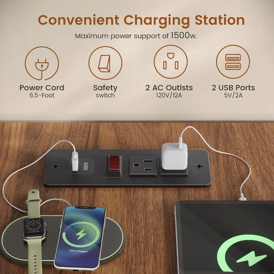 55.1 مكتب تنفيذي مع 3 أدراج وتصميم مزرعة يتميز بأرفف تخزين لدرج الملفات ومخرج طاقة مدمج