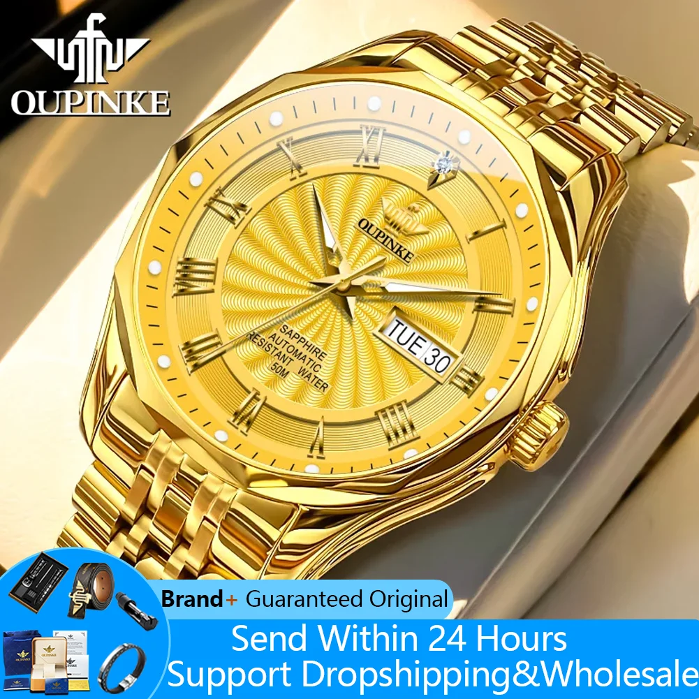 

OUPINKE 3207 Men's Watches Real Diamond Stainless Steel Automatic Mechanical Man Watch Luxury Dual Calendar Business Wristwatch