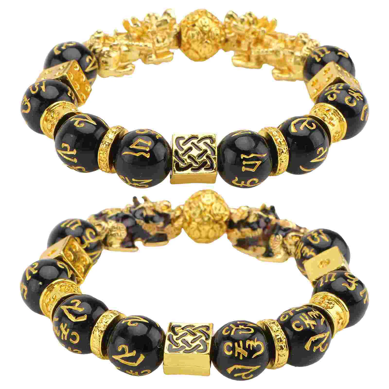 2 Pcs Necklaces Feng Shui Buddha Bead Bracelet Alloy Bangle Obsidian Auspicious Decorative Men and Women