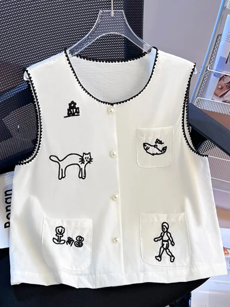 

Круглая вышивка Ne Svel irt Женская летняя верхняя одежда Свободный жилет Топ Self-Reserve Sle с мультяшным узором