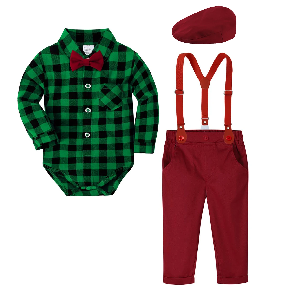 

Baby Christmas Plaid Bodysuit Suspender Pants Set Boys Xmas Red Green Outfit Infant Gentleman Clothes with Hat