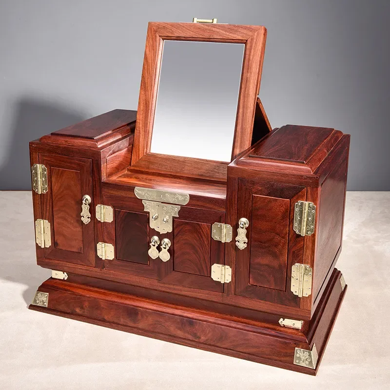 Large Capacity Red Sandalwood Jewelry Box with Lock and Mirror Solid Wood Dressing Case for Wedding Gift Treasure Storage