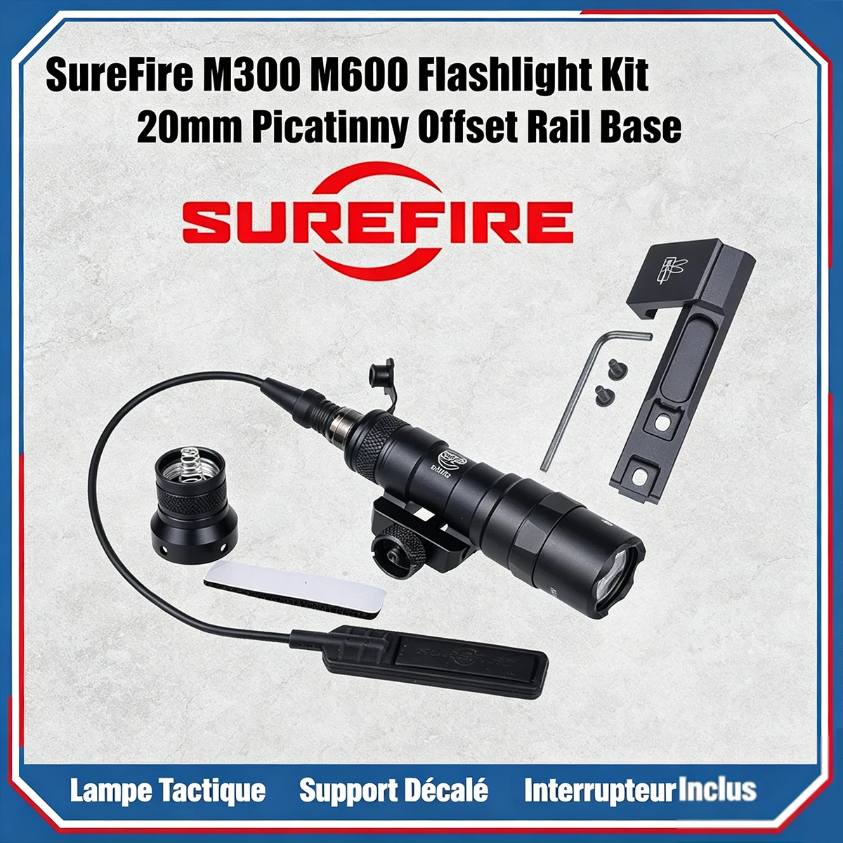 SureFire M300C/M600B Tactical Flashlight Set,20mm Picatinny Rail Offset Side Mount with Remote Switch,Hunting Airsof Scout Light
