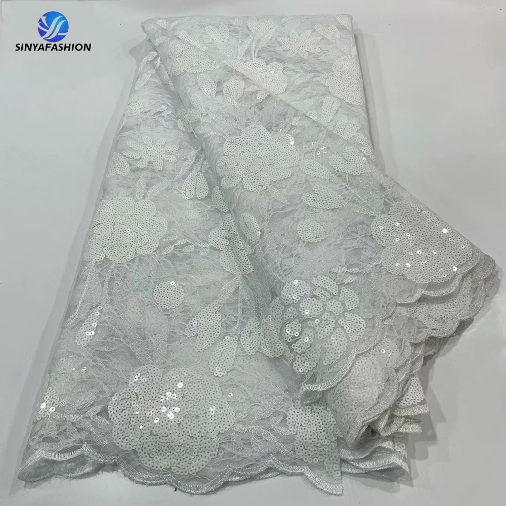 

White African Lace Fabric 2024 High Quality Lace With Sequins French Net Embroidery Tulle Mesh Bridal Wedding Dress Lace 5 Yards