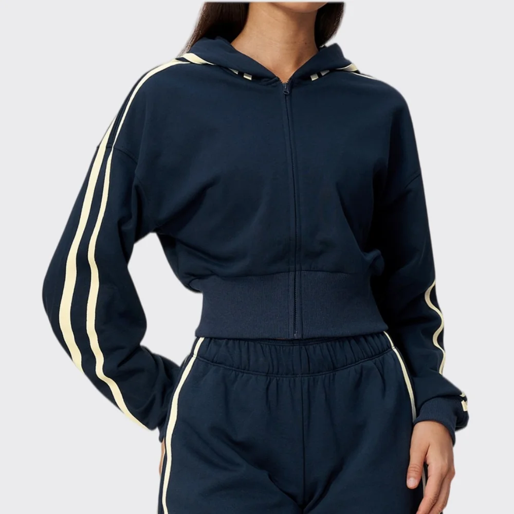 Winter Sports Outerwear Women Zipper Hoodie Jacket Long Sleeve Contrast Side Stripe Ribbed Waist Fitness Top Workout Yoga Jacket