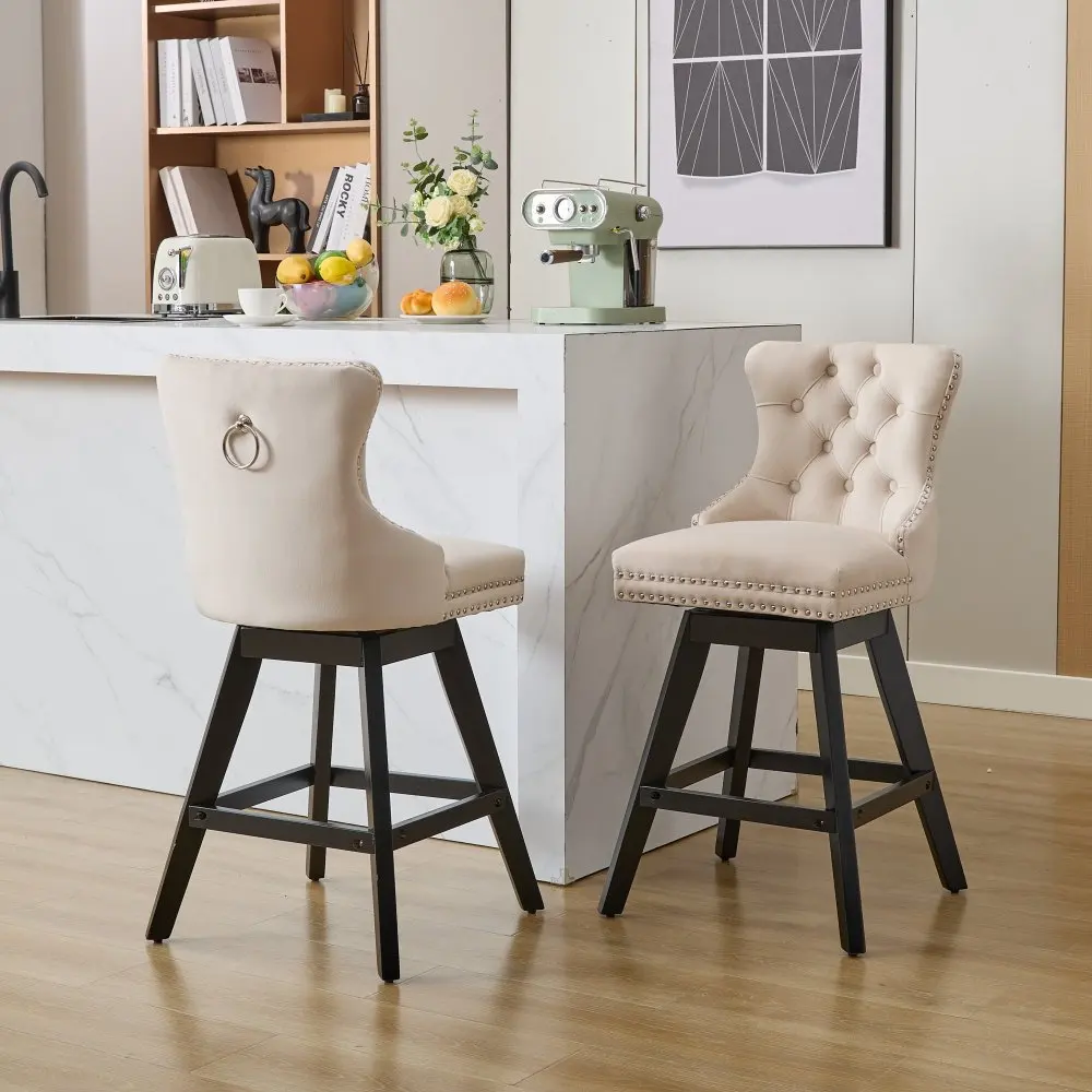 Swivel Velvet Bar Stools Set of 2, Button Tufted Counter Bar Chairs with Wooden Legs, Chrome Nailhead Trim, Leisure Upholstered Barstools for Kitchen Island Home Bar