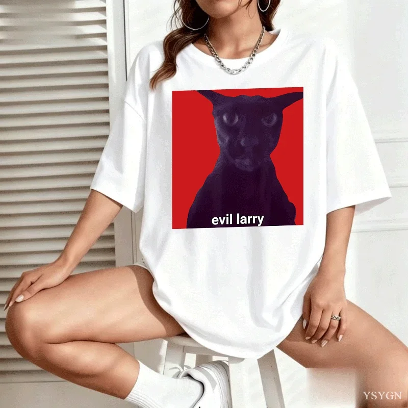 Evil Larry Cat T-shirt Women's Fun Cotton Short Sleeve Summer Loose T-shirt Kawaii Kitty Cat Lover T-shirt Cotton Short Sleeve