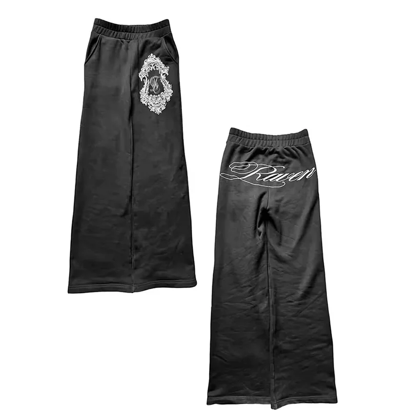 

Gothic Retro Letter Printing Pattern Black Wide Leg Loose Casual Sweatpants Trend Men Women Comfortable Elastic Waist Streetwear