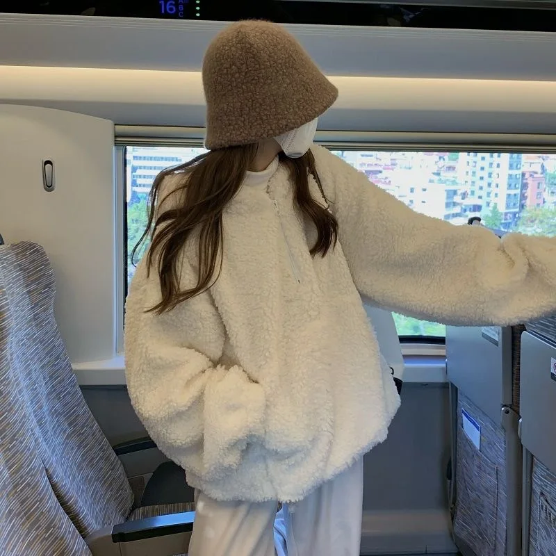 

Женская толстовка из овечьей шерсти, свободная зимняя верхняя одежда, худи в стиле «ленивый шик», новинка, утолщенная ткань из верблюжьей шерсти