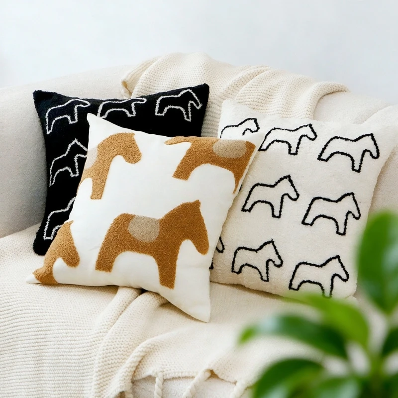 Minimalist Throw Pillow Covers 45x45cm Soft Horse Emboridery Cushion Cases for Sofa Bed Bay Window Home Decoration