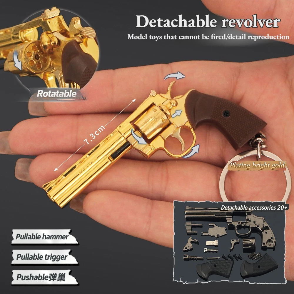 Mini Pistol Key Ring, 1:3 Scale Detachable Revolver Model, Rotatable Cylinder Metal Keychain Backpack Pendant Hobby Decor