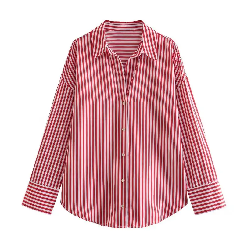 

European and American Style Long-sleeved Turn-down Collar Loose Striped Shirt Women Buttons Casual Blouse Top Female 55913