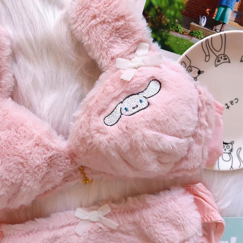 My Melody Fluffy Bra Set Comfort Wireless Bras for Women Sexy Soft Fleece Bra Sets Women's Underwear Cotton Bras for Large Bust