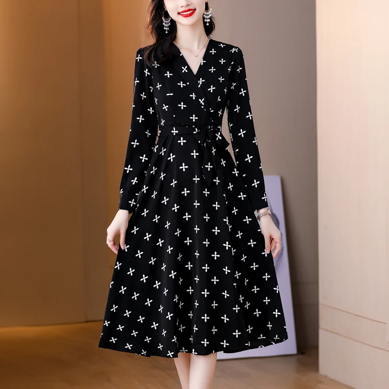 2025 Spring Black Print Knitting Long Sleeve Dress Korean Vintage Women Dress Elegant Bodycon Black Party Evening Vestidos