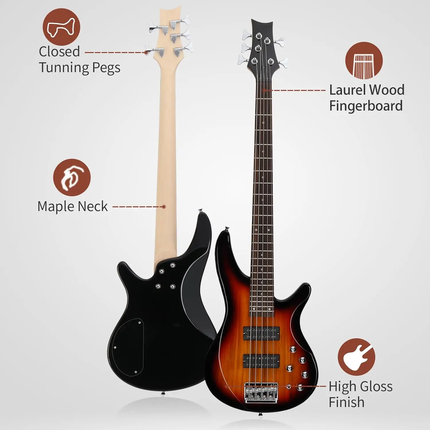 5-String Electric Bass Guitar, Full Size Standard Right-Handed, Rosewood Fretboard Bass Kit with Gig Bag, Strap, Cable, and Wrench Tool (Upgraded Sunset) view 6